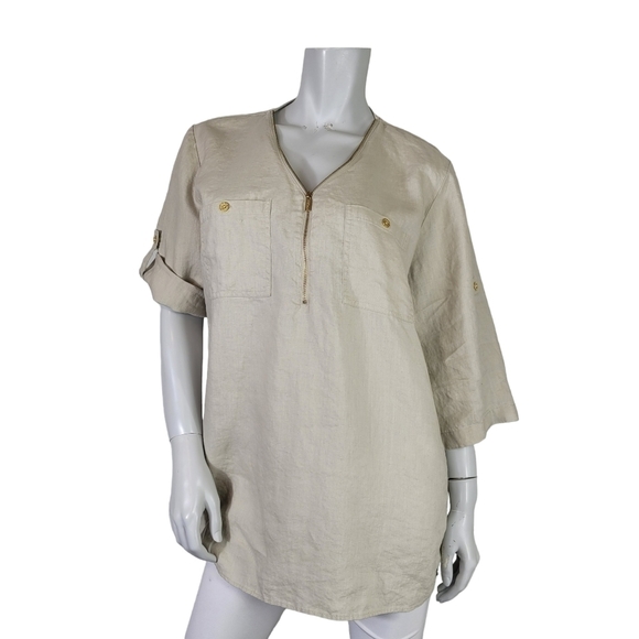 Company by Ellen Tracy - Cream / Sandstone - 100% Linen Half Zip Tunic Top - Picture 1 of 9